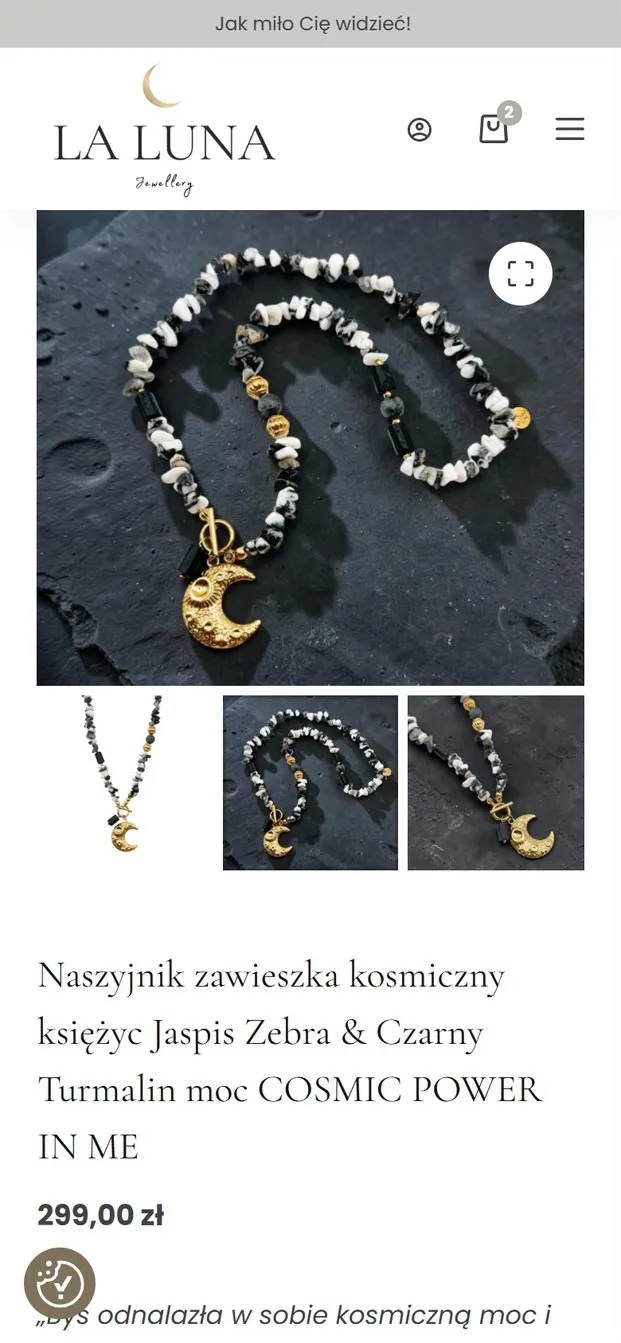 Karta produktu w sklepie La Luna Jewellery na telefonie - naszyjnik z ksiezycem na ciemnym kamieniu, pod zdjeciem nazwa i cena 299 zl.