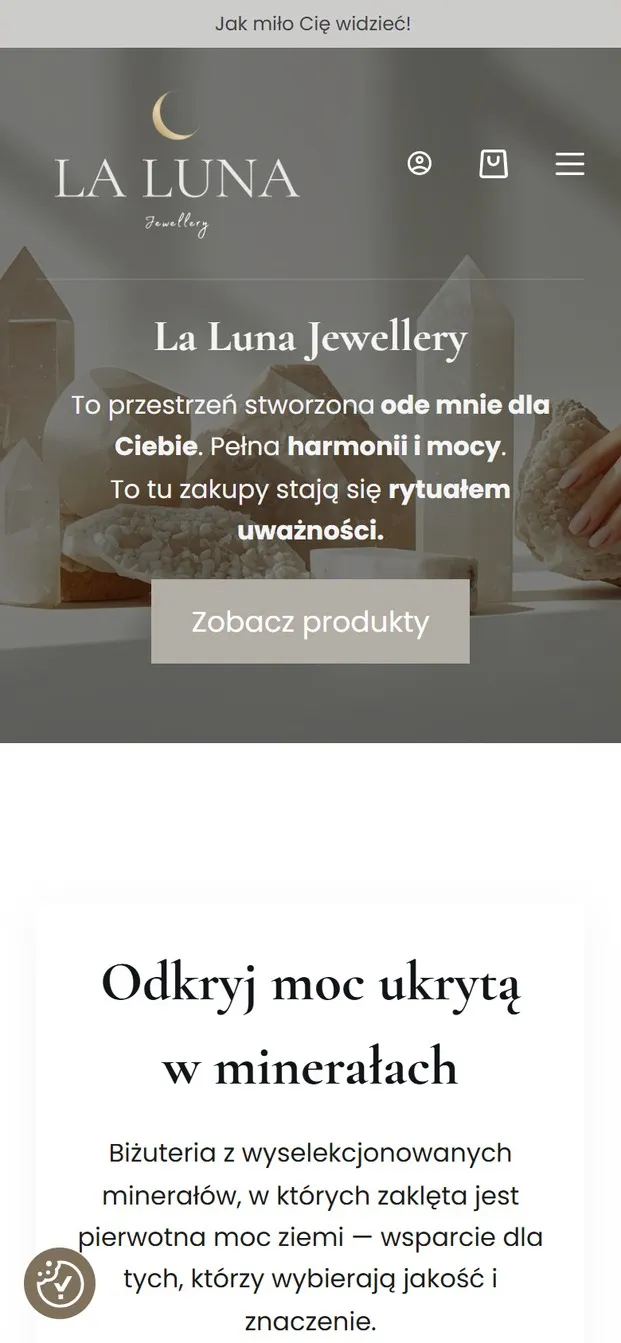 Sklep La Luna Jewellery na telefonie - baner ze zdjeciem krysztalow, nazwa marki i przycisk „Zobacz produkty”.